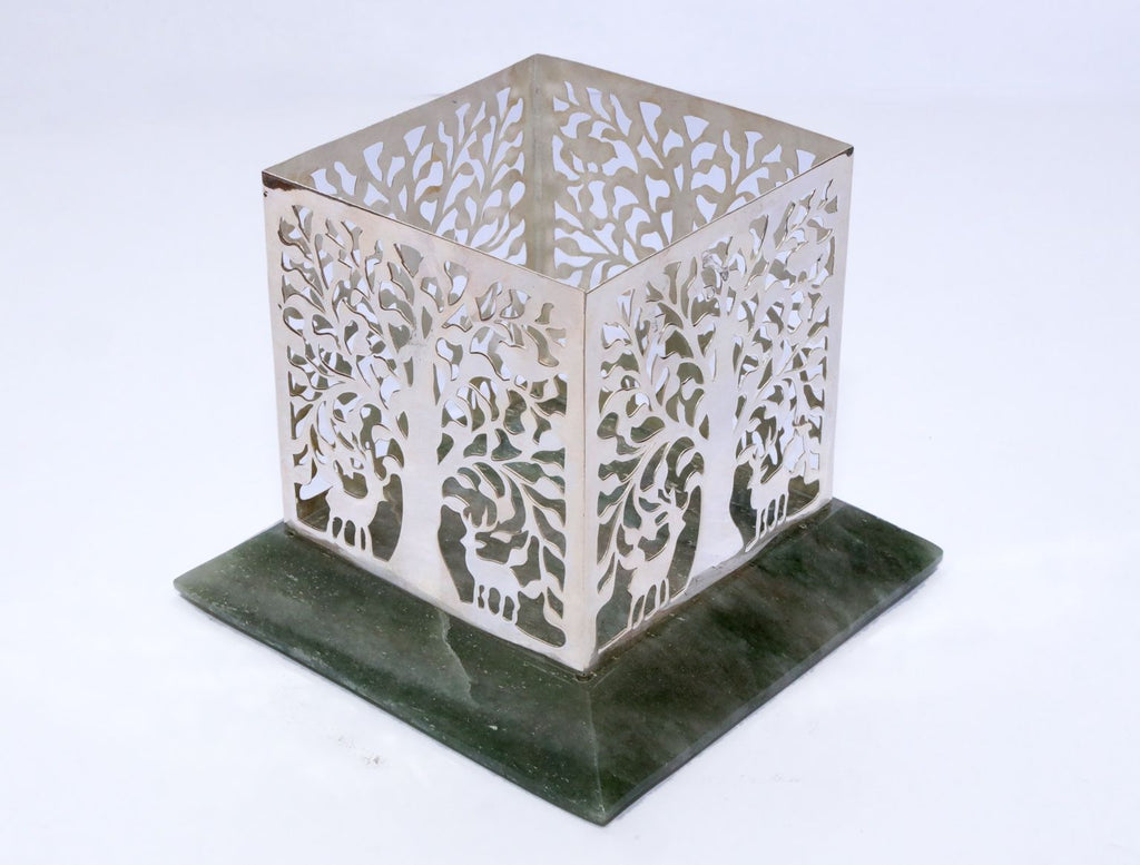 Silver Tree Pattern Lantern with Natural Stone Base