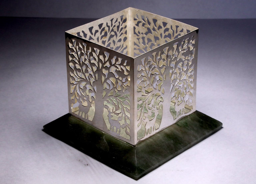 Silver Tree Pattern Lantern with Natural Stone Base